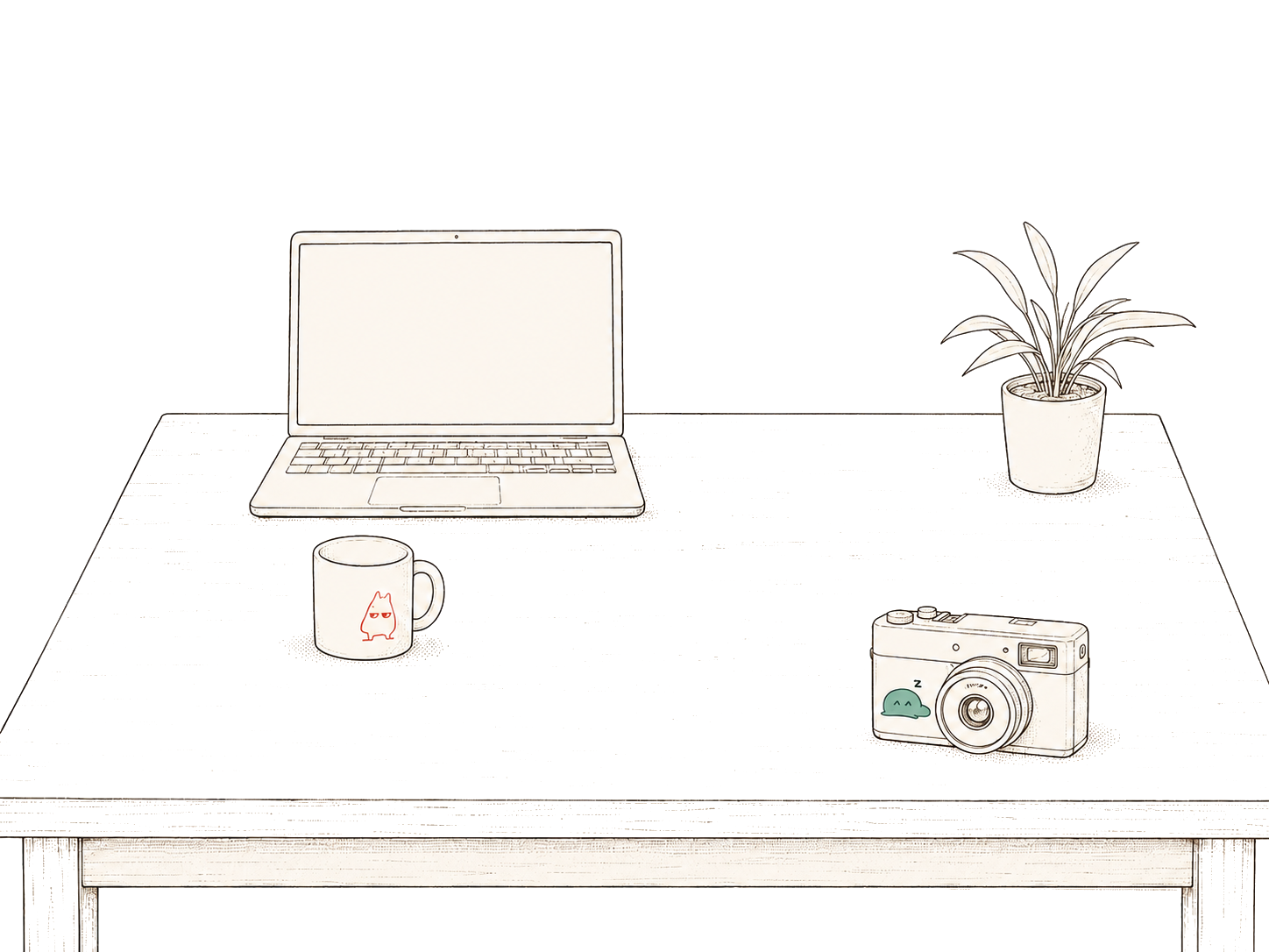 A hand-drawn desk: laptop, a mug, a plant, a film camera